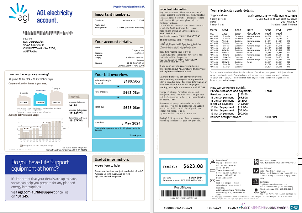 Australia AGL electricity account energy business utility bill, 3 pages, version 2